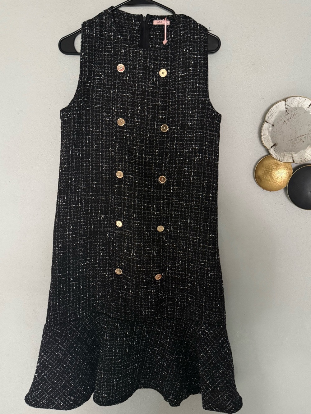 Sleeveless Black Tweed Dress with Gold Buttons by Udel New York